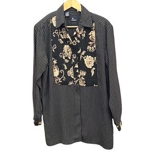 90s Lizsport Button Up Shirt Dark Academia Grandmacore Mixed Print Floral Stripe